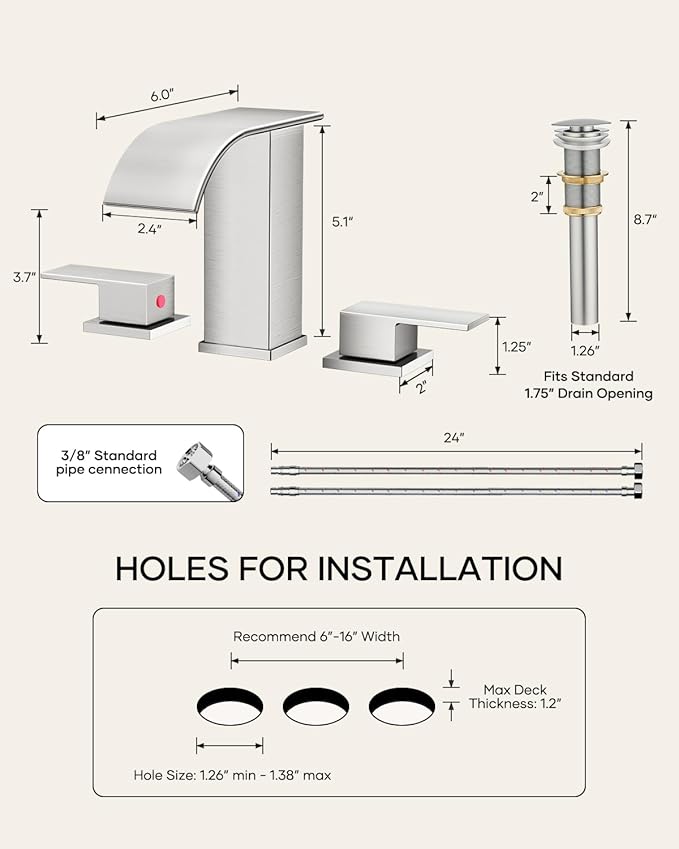 AVSIILE Waterfall Bathroom Faucet 3 Hole, Brushed Nickel 8 Inch Widespread Modern 3 Piece Bathroom Sink Faucet, Touch On Lavatory Faucet for Vanity RV Restroom, Curved Spout