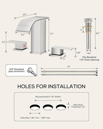 AVSIILE Waterfall Bathroom Faucet 3 Hole, Brushed Nickel 8 Inch Widespread Modern 3 Piece Bathroom Sink Faucet, Touch On Lavatory Faucet for Vanity RV Restroom, Curved Spout