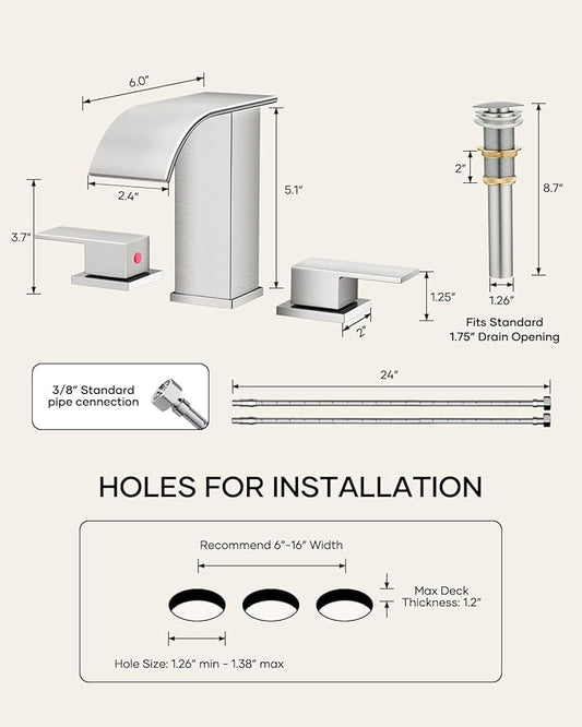 AVSIILE Waterfall Bathroom Faucet 3 Hole, Brushed Nickel 8 Inch Widespread Modern 3 Piece Bathroom Sink Faucet, Touch On Lavatory Faucet for Vanity RV Restroom, Curved Spout