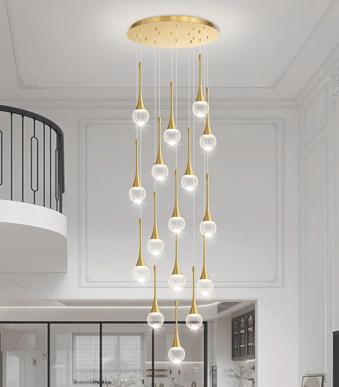 16 Light High Ceiling Crystal Chandelier Dimmable LED Pendant Lights with Remote Adjustable Chandeliers for Foyer Staircase Living Room Gold
