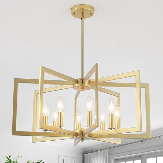 Gold Farmhouse Chandelier 8 Lights Large Chandeliers for Dining Room Geometric Rustic Pendant Light Fixtures Ceiling Hanging Modern Chandelier for Entryway Kitchen Foyer Living Room Stairway Bedroom
