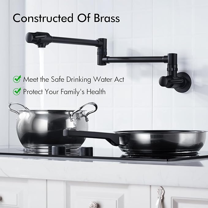 BAGNOLUX Pot Filler Faucet, Wall Mount Pot Filler Commercial Brass Kitchen Faucet Cold Water Only Double Lever Handle with Dual Joint Swing Arm Brass Stove Faucet, Matte Black, 23.4''