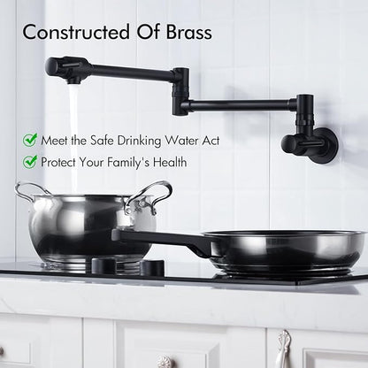 BAGNOLUX Pot Filler Faucet, Wall Mount Pot Filler Commercial Brass Kitchen Faucet Cold Water Only Double Lever Handle with Dual Joint Swing Arm Brass Stove Faucet, Matte Black, 23.4''