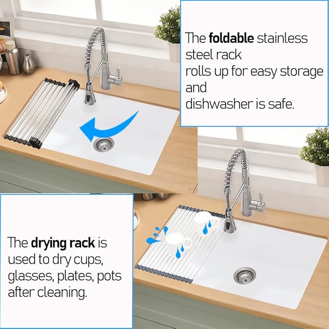 33 Inch White Undermount Kitchen Sink, 33x19 Inch Granite Composite Kitchen Sink Undermount Quartz Single Bowl Dual Mount Deep Basin with Countertop Squeegee Brush Combo