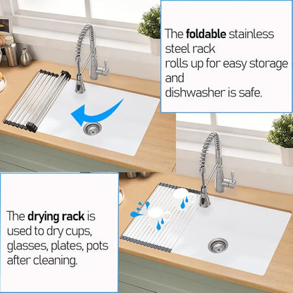 33 Inch White Undermount Kitchen Sink, 33x19 Inch Granite Composite Kitchen Sink Undermount Quartz Single Bowl Dual Mount Deep Basin with Countertop Squeegee Brush Combo