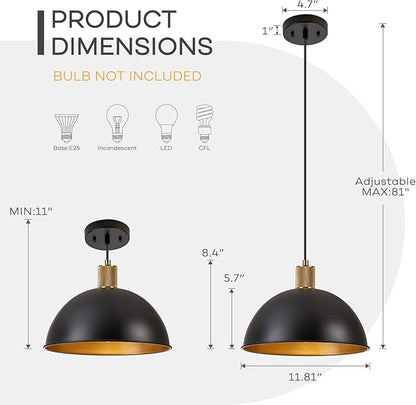12 Inch Black Dome Pendant Lights for Kitchen Island, Height Adjustable Farmhouse Industrial Hanging Light Fixtures Over Table for Dining Room, Entryway, 1 Pack