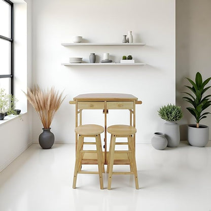 Drop Leaf Breakfast Cart Natural Solid Wood Kitchen Island Table with Two Stools Storage Shelves Rolling Wheels Compact Expandable Dining Prep Station Versatile Space Saving Modern Furniture