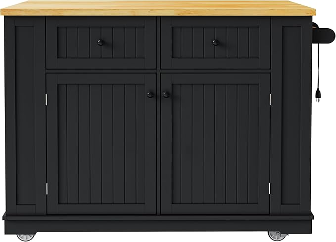 Ball & Cast Kitchen Island with 2 Bar Stools and Power Outlet,Rolling Kitchen Cart on 5 Wheels W/Drop Leaf&5 Open Side Racks,Kitchen Storage Cart W/Adjustable Shelf,for Kitchen,Dining Room,Black,48"