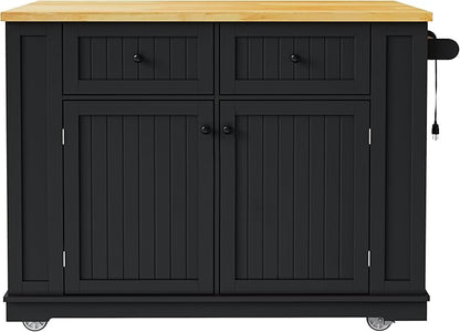 Ball & Cast Kitchen Island with 2 Bar Stools and Power Outlet,Rolling Kitchen Cart on 5 Wheels W/Drop Leaf&5 Open Side Racks,Kitchen Storage Cart W/Adjustable Shelf,for Kitchen,Dining Room,Black,48"