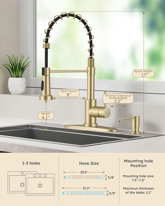 Arofa Kitchen Faucet with Pull Down Sprayer, Brushed Gold Kitchen Sink Faucet 1-3 Hole Single Handle High Arc Stainless Steel Commercial Modern Kitchen Faucets for RV/Laundry/Outdoor/Bathroom Sink