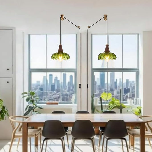YLONG-ZS Vintage Plug in Pendant Light, Boho Hanging Lamp Plug in Pulley Green Glass Pendant Lamp, Modern Walnut Color Wood Hanging Light for Kitchen Island, Bedroom, Dining Room, Living Room