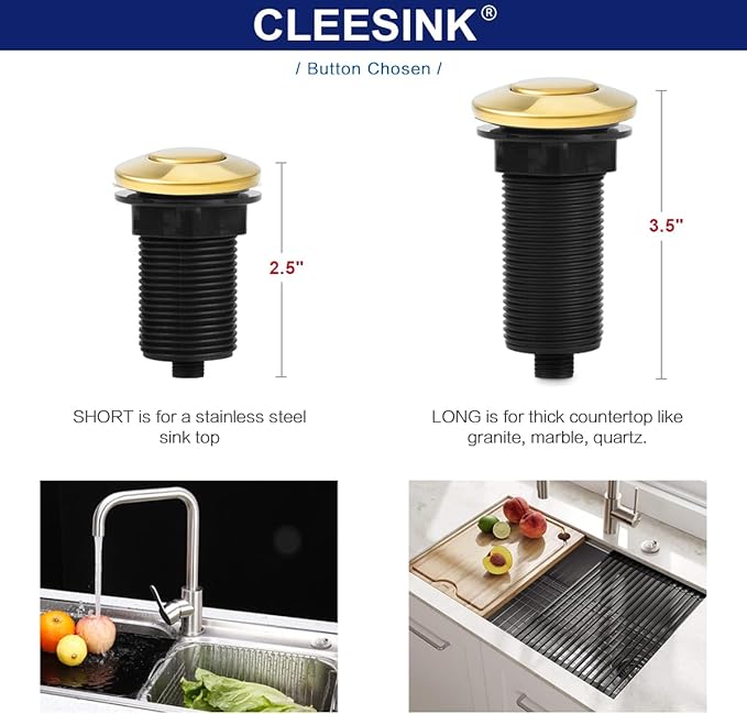 Sink Top Air Switch Kit Garbage Disposal Part by CLEESINK (SHORT/2.5", Polished Gold)