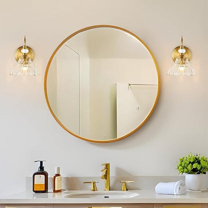 1 Piece Vintage Wall Sconce, 1-Light Brushed Gold Finish Wall Sconce with Hanging Crystal Accents and Flower-Shaped Clear Shades for Bathroom Bedroom Living Room,Vintage Vanity Light