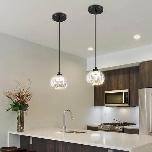 Black LED Crystal Ball Pendant Light Kitchen Island, Crystal Chandeleir Bedroom Bedside Hanging Crystals Ceiling Light
