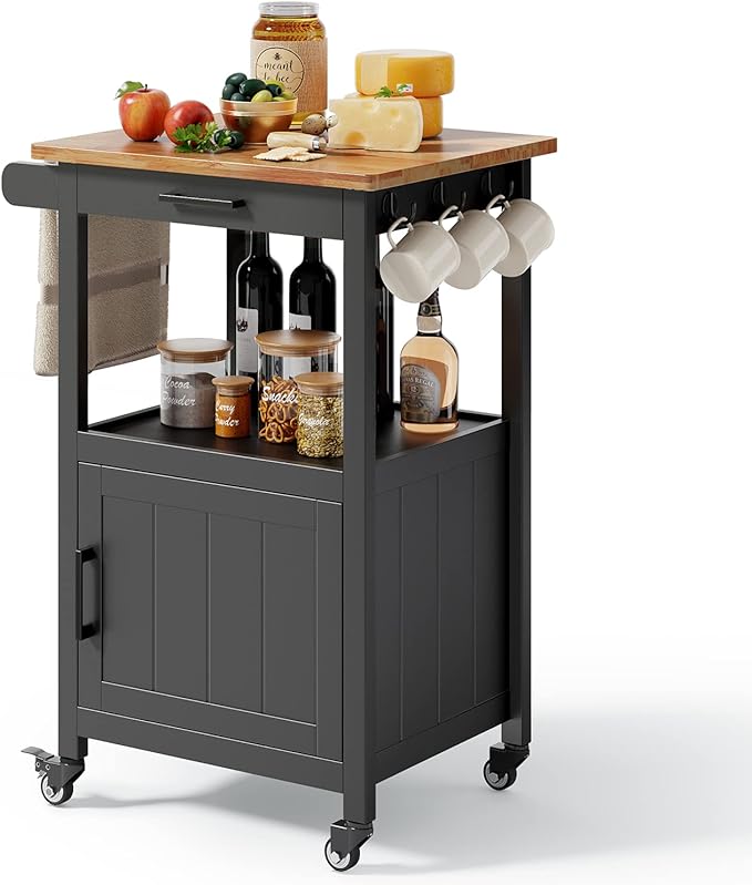 Qsun Kitchen Island on Wheels with Drawer, Storage Cabinet, Shelf and Side Hook, Rolling Kitchen Cart with Rubber Wood Countertop, Microwave Cart for Small Space, Black