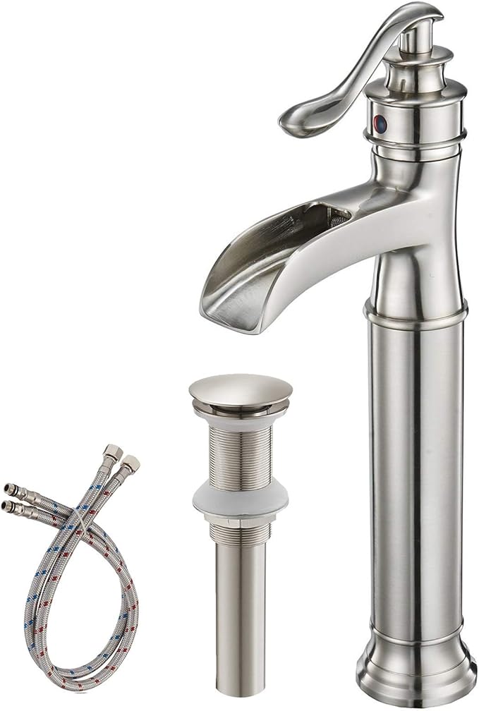BWE Waterfall Vessel Sink Faucet Brushed Nickel Bathroom Faucet Single Handle Tall Single Hole Bathroom Sink Faucet Commercial Mixer Tap with Pop Up Drain Assembly and Supply Line