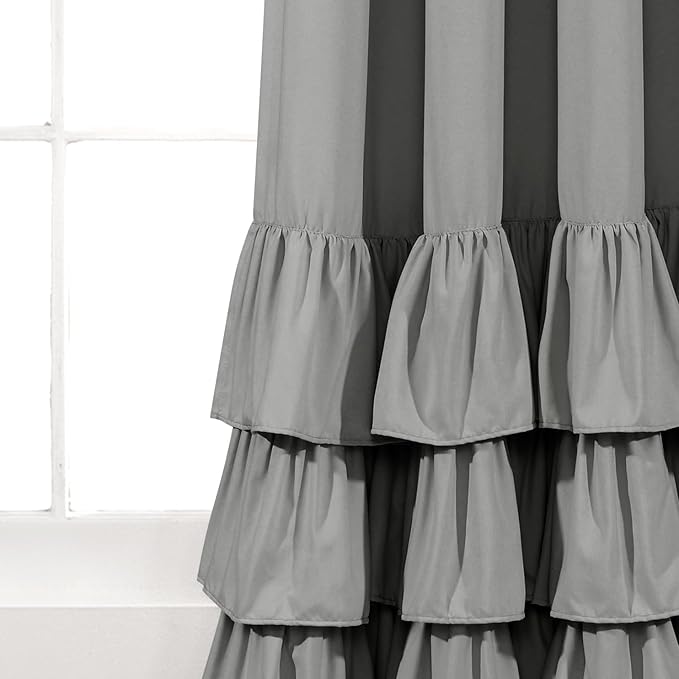 Lush Decor Allison Ruffle Light Filtering Window Curtain Panels Pair 40" W x 84" L Dark Gray - Coquette Curtains for Bedroom - Ruffle Curtains Kids