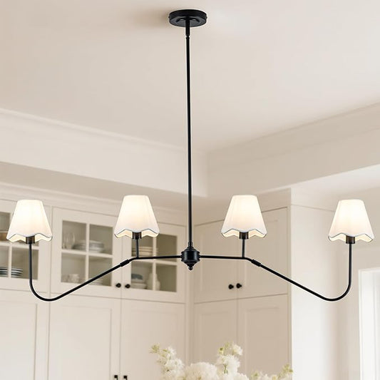 MAYNA 47" Modern Linear Chandeliers for Dining Room, 4-Light Black Kitchen Island Pendant Lighting with White Fabric Shades, Adjustable Height Dining Room Light Fixture, E12 Base