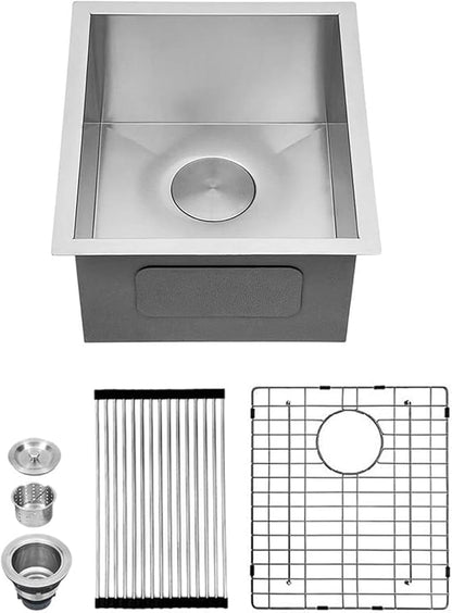 Kichae 13"x 15" Undermount Bar Sink Stainless Steel Single Bowl RV Outdoor Sink Basin Round Corner 16 Gauge Handmade