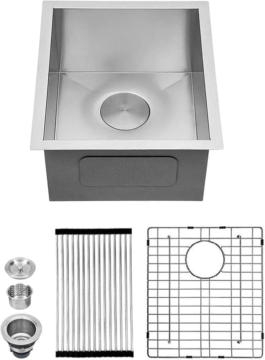 Kichae 13"x 15" Undermount Bar Sink Stainless Steel Single Bowl RV Outdoor Sink Basin Round Corner 16 Gauge Handmade