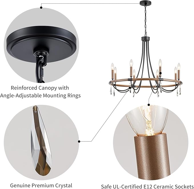 WUZUPS Wagon Wheel Chandelier Rustic Farmhouse Industrial Round Pendant Light Fixture with Smoky Gray Crystal for Dining Room Kitchen Island, H 28.3" x W 30.3", E12 Base, Brown Black