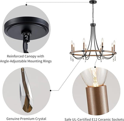 WUZUPS Wagon Wheel Chandelier Rustic Farmhouse Industrial Round Pendant Light Fixture with Smoky Gray Crystal for Dining Room Kitchen Island, H 28.3" x W 30.3", E12 Base, Brown Black