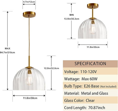Modern Pendant Lights Kitchen Island, 11.8 Inch Dome Lampshade Large Chandelier, Rustic Farmhouse Industrial Ceiling Hanging LED Lighting Fixture with Clear Glass Bell Shade
