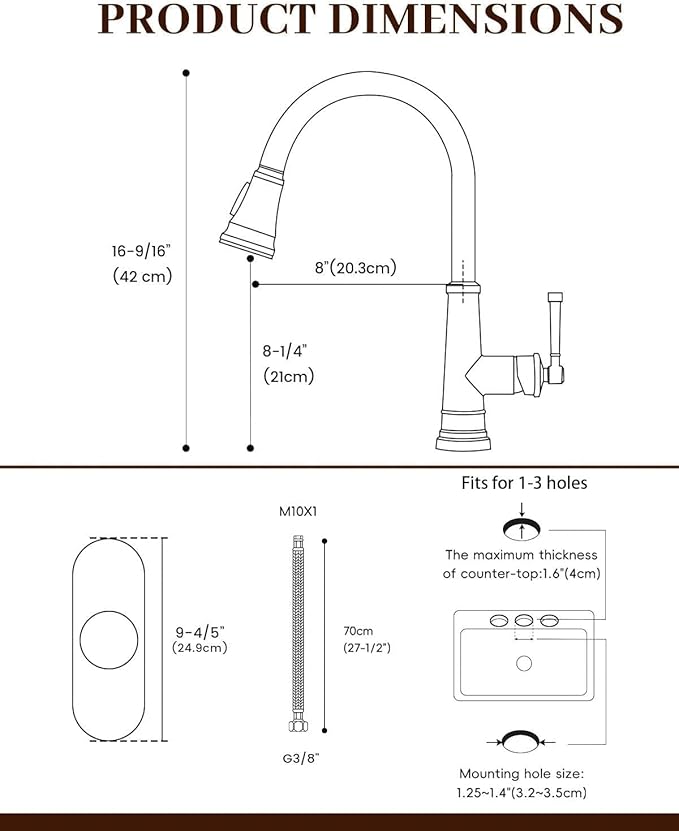 APPASO Vintage Black Kitchen Faucet with Pull-Down Sprayer, 1 or 3 Hole Kitchen Sink Faucets with Deck Plate, Stainless Steel High Arc Single-Handle Sink Faucet, CUPC-Certified Pull-Out Hose