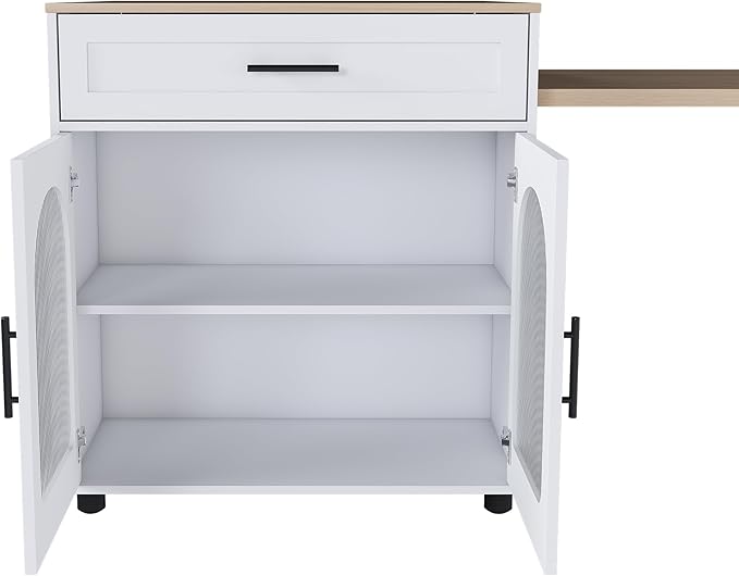 80.7-Inch Expandable Kitchen Island with Dining Table, White MDF Kitchen Prep Table with Solid Wood Grain Countertop, Mobile Storage Cart (Cabinet + 2 Drawers) & Power Outle