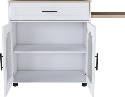 Modern Dining Table Expandable with Cabinet & Drawers, Kitchen Island with Solid Wood Grain Countertop, Power Outlet, Prep Table for Living Room,White-MDF