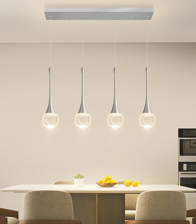 Rectangular Crystal Pendant Light for Kitchen Island 4 Light Dimmable Crystal Chandelier Lighting Fixtures with Remote for Dining Room Living Room Silver