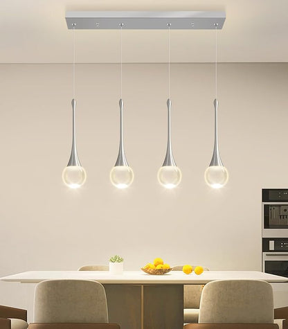 Rectangular Crystal Pendant Light for Kitchen Island 4 Light Dimmable Crystal Chandelier Lighting Fixtures with Remote for Dining Room Living Room Silver