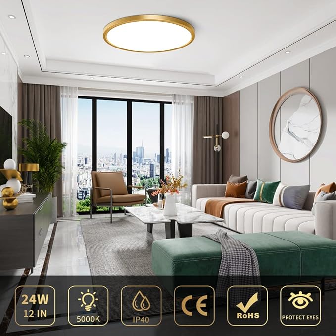 12Inch Flush Mount Ceiling Light Fixture LED, 24W(240W Equivalent), 3200LM, 5000K Daylight White, IP40, Flat Modern Round Ceiling Lights for Bedrooms, Living Rooms, Bathrooms, Stairwells, etc.(Gold)