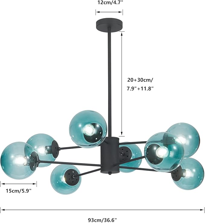 BOKT Mid Century Modern 8 Lights Globe Sputnik Chandelier Matte Black Blue Glass Ball Chandelier Large Globe Flush Mount Ceiling Light Kitchen Island Dining Room Pendant Light Fixture