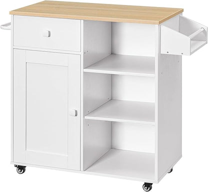 HOOBRO Kitchen Island, Storage Cabinet with Drawer, Kitchen Cart with Spice and Towel Rack, Saving Space, Easy Assembly, for Living Room, White and Natural WN12ZD01