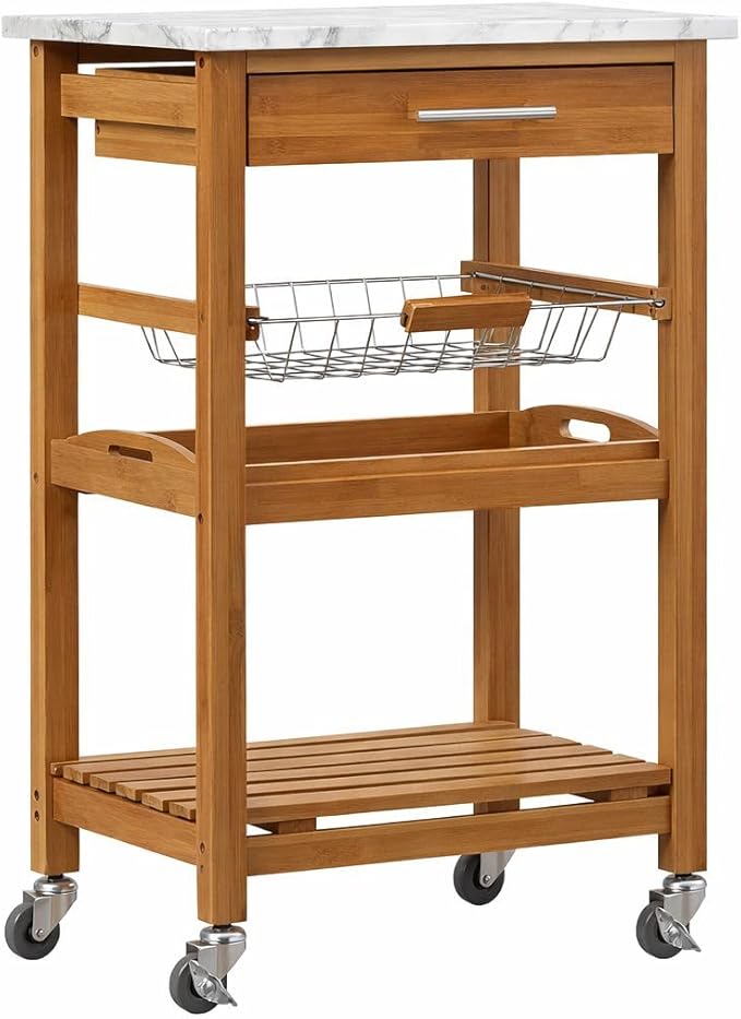 Boraam Aya Bamboo Kitchen Cart with Faux Marble Top