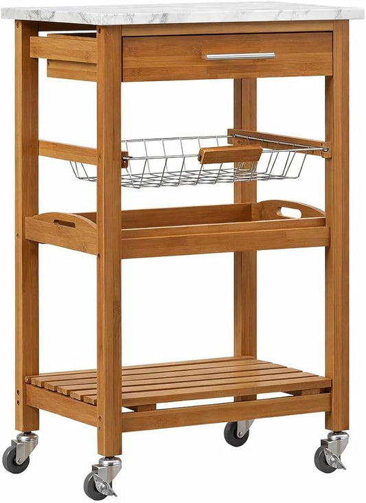 Boraam Aya Bamboo Kitchen Cart with Faux Marble Top