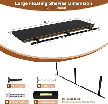 12 Inch Deep Floating Shelves for Wall 2 Pack Floating Shelfs Large Storage Space Wall Decor Display Shelf for Bathroom Living Room Bedroom Kitchen 48" W x 12" D x 1.2" H Black