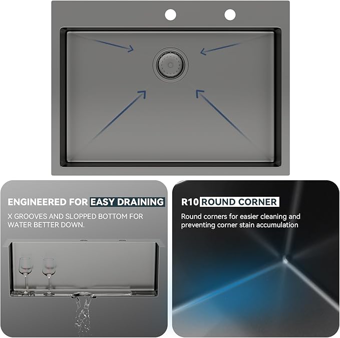 Lordear 30x22 Kitchen Sink Black Drop In Single Bowl 16 Gauge Stainless Steel Gunmetal Black 30 Inch Topmount Kitchen Sinks 30" Basin