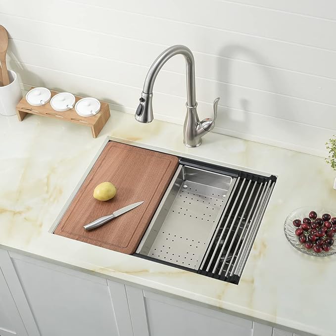 25 inch Undermount Kitchen Sink Workstation 16 Gauge Stainless Steel Single Bowl Kitchen Sink with Offset Drain