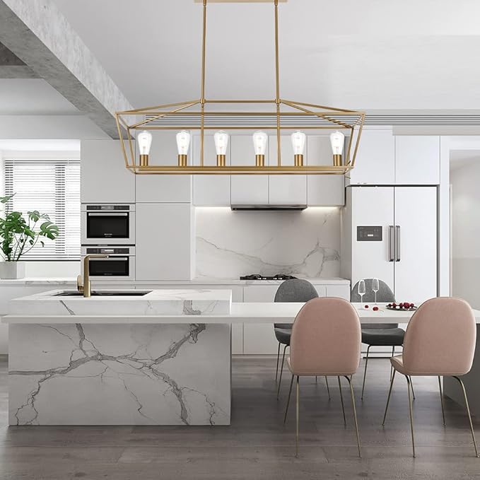 BONLICHT Farmhouse Chandeliers Gold 6 Light Modern Linear Dining Room Pendant Lighting Traditional Rectangular Kitchen Island Lantern Light Fixture Classic Ceiling Light with Adjustable Rods