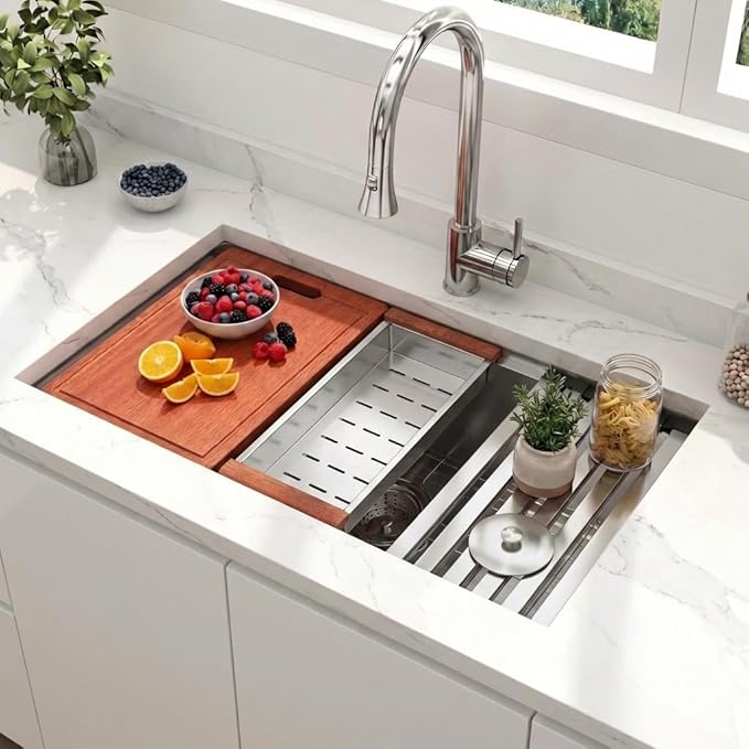 LQS 32 Inch Stainless Steel Kitchen Sink, Undermount 16 Gauge Stainless Steel Kitchen Sink, Single Bowl Kitchens Sinks with Sapele Wood Cutting Board For Family Kitchens, R10 Round Corner