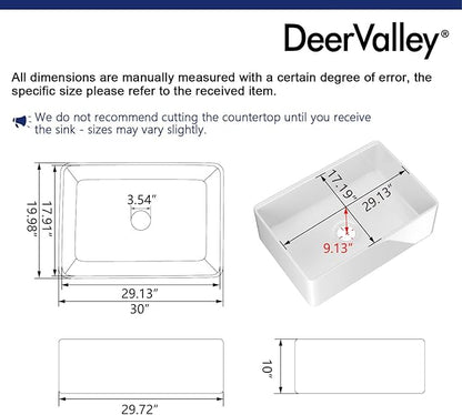 DeerValley Farmhouse Kitchen Sink Workstation 30 inch, White Fireclay Apron Front Farm Sinks, Single Bowl Deep Drop In Undermount Sink with Accessories