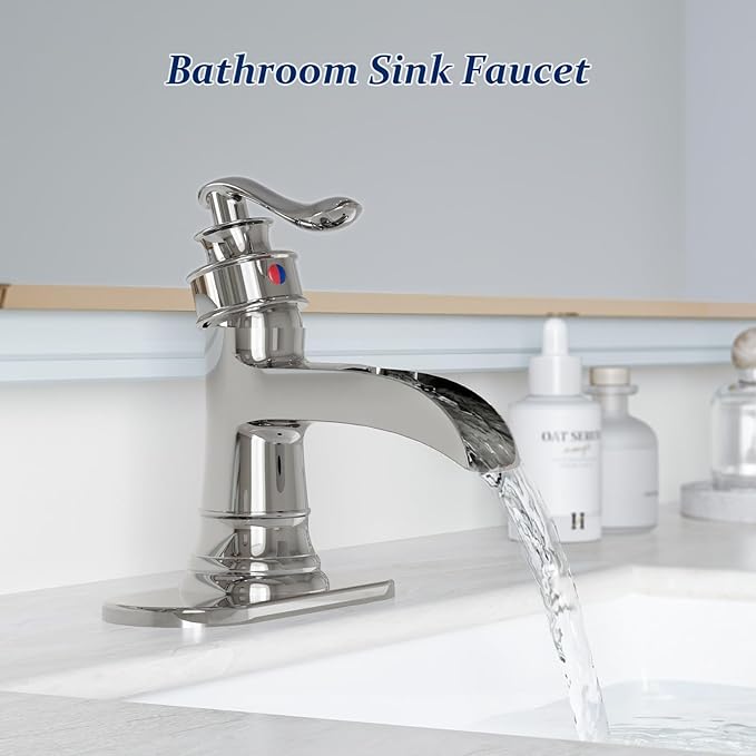 BWE Chrome Waterfall Bathroom Faucet, Single Handle One Hole Sink Faucet with Pop Up Drain and Water Supply Line for Vanity Basin, Solid Brass Construction