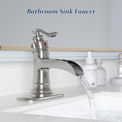 BWE Chrome Waterfall Bathroom Faucet, Single Handle One Hole Sink Faucet with Pop Up Drain and Water Supply Line for Vanity Basin, Solid Brass Construction