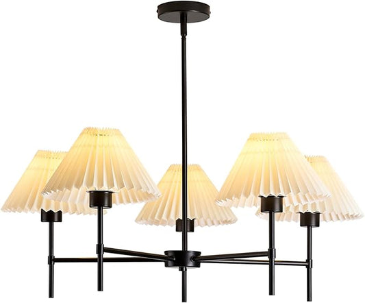 Black Modern Chandelier, 32-inch Chandeliers for Dining Room Light Fixture, White Pleated Fabric Pendant Light for Kitchen Island Lighting and Living Room