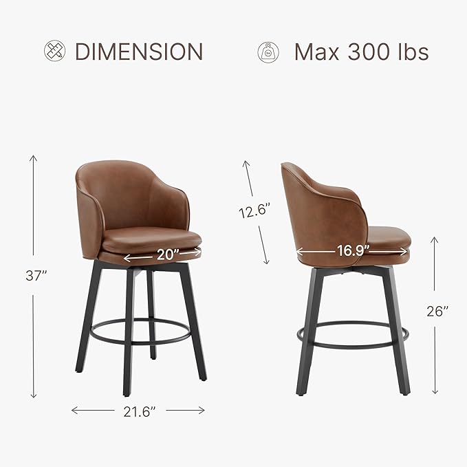 KISLOT Counter Height Barstools 26 inch Upholstered Swivel Bar Stools with Back for Kitchen Island,Set of 2,Brown PU Leather