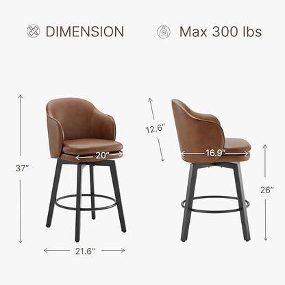 KISLOT Counter Height Barstools 26 inch Upholstered Swivel Bar Stools with Back for Kitchen Island,Set of 2,Brown PU Leather