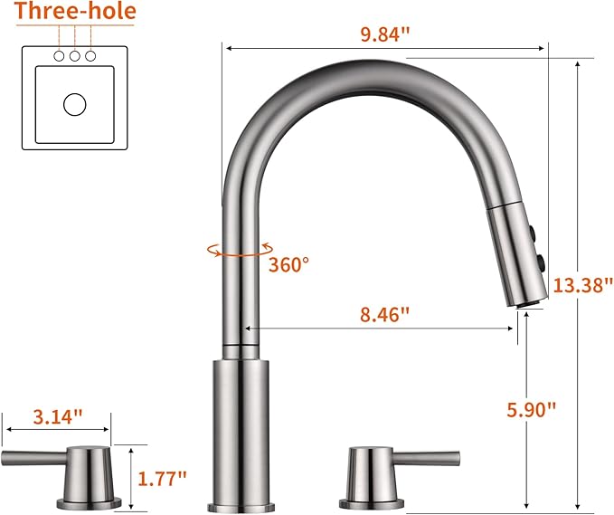 RULIA Brand, Double Handle Kitchen Faucet, 3 Holes Sink Faucet, Pull Down, Brushed Nickel, Stainless Steel, RB1063