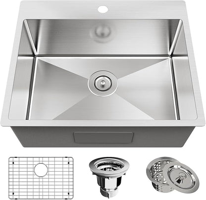 25x22 Inch Drop In Kitchen Sink, 9-Inch Deep 18 Gauge Stainless Steel Topmount Single Bowl with Bottom Grid & Strainer - Modern Upgrade for Small Kitchen Remodel & Bar Prep